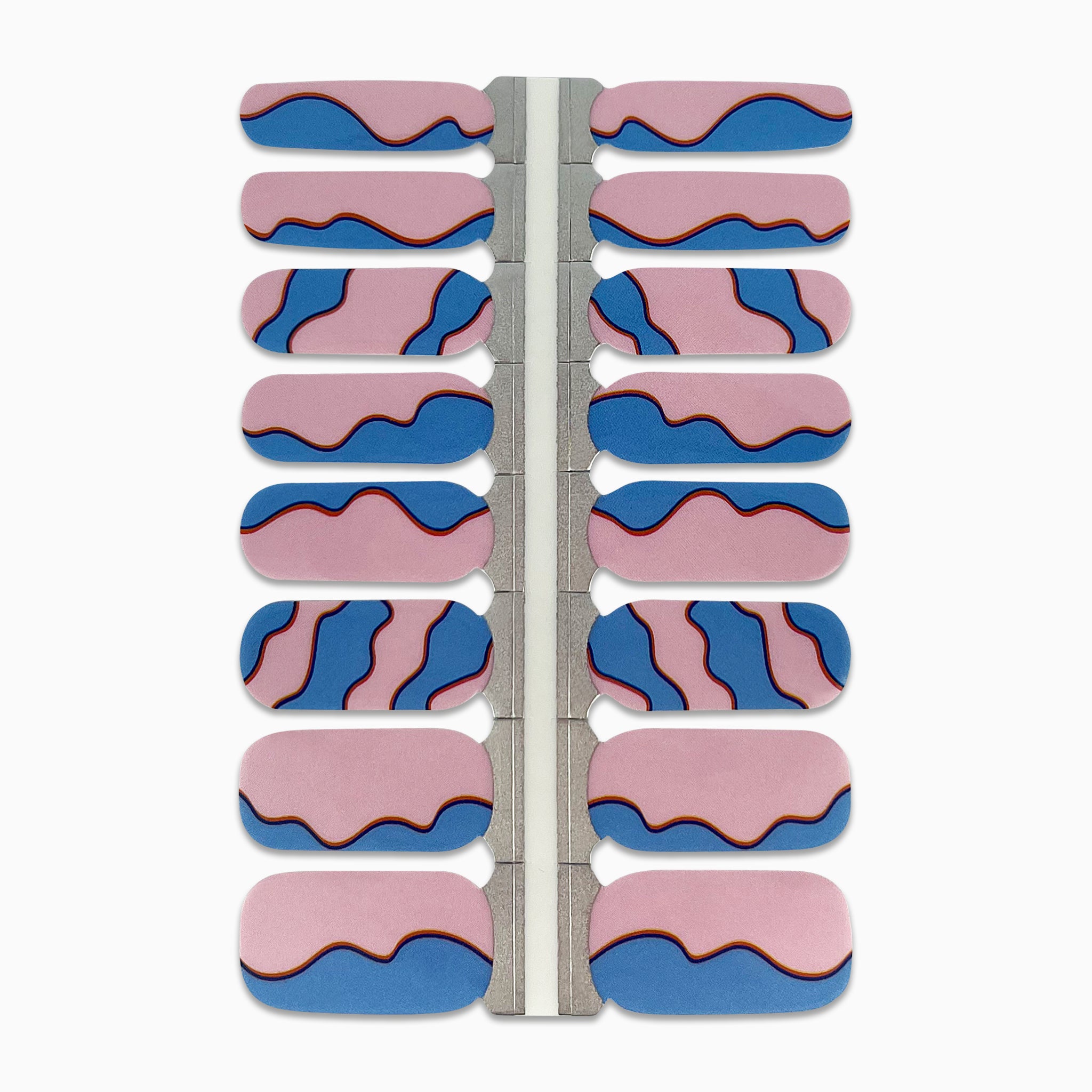 Nagelstickers met roze en blauwe swirls op witte achtergrond