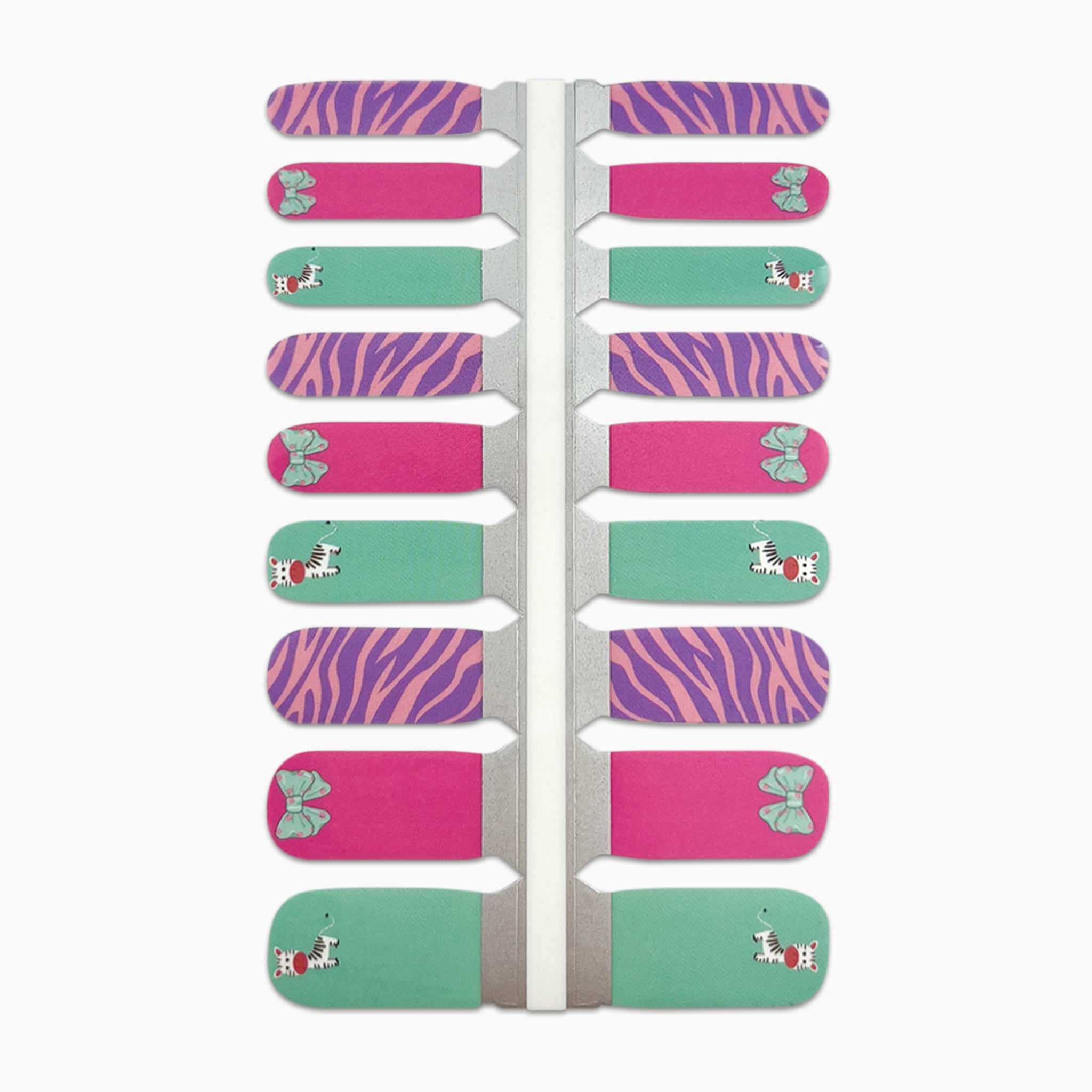 Productfoto van nagelstickers voor kids met zebra in verschillende kleuren op witte achtergrond