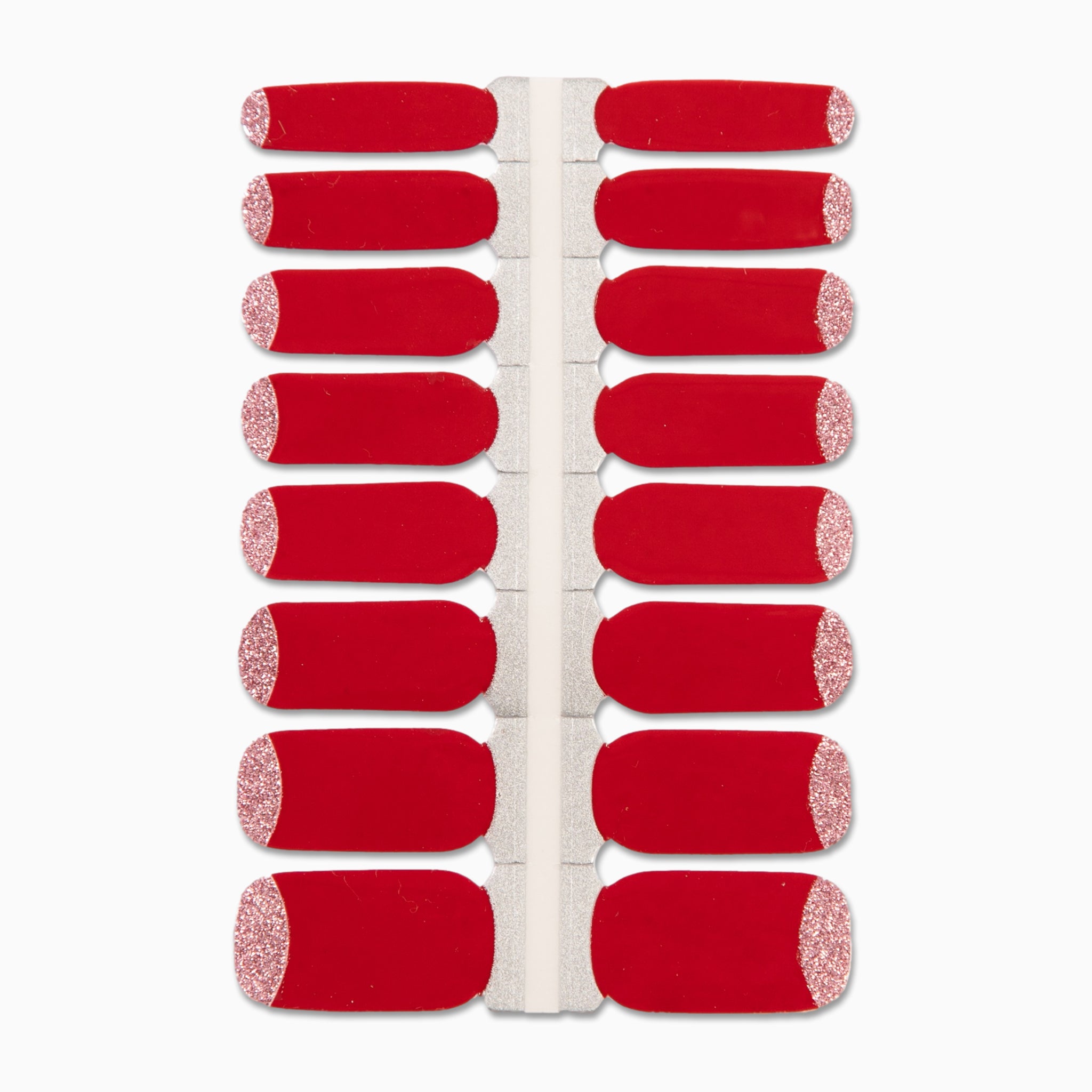 Rode nagelstickers met roze glitter rand op witte achtergrond