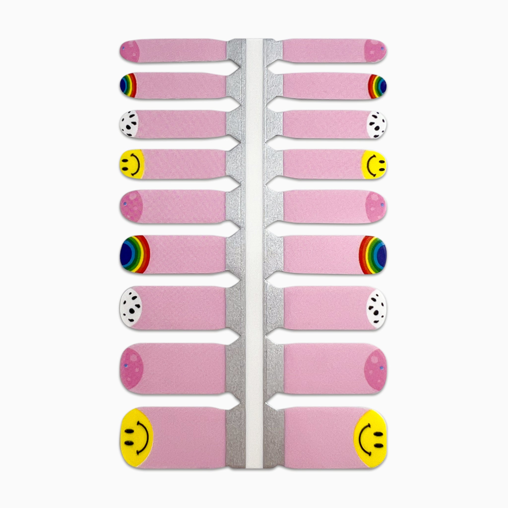 Productfoto van nagelstickers voor kids met lichtroze, smileys en regenbogen op witte achtergrond