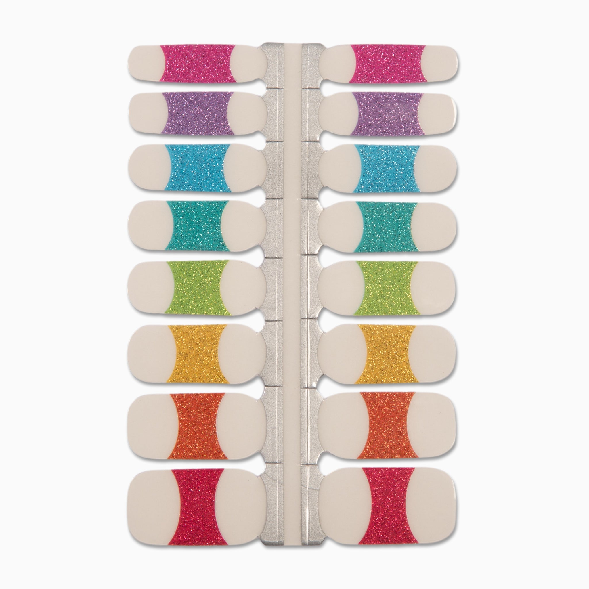 French Manicure nagelstickers met regenboogkleuren en glitters op witte achtergrond