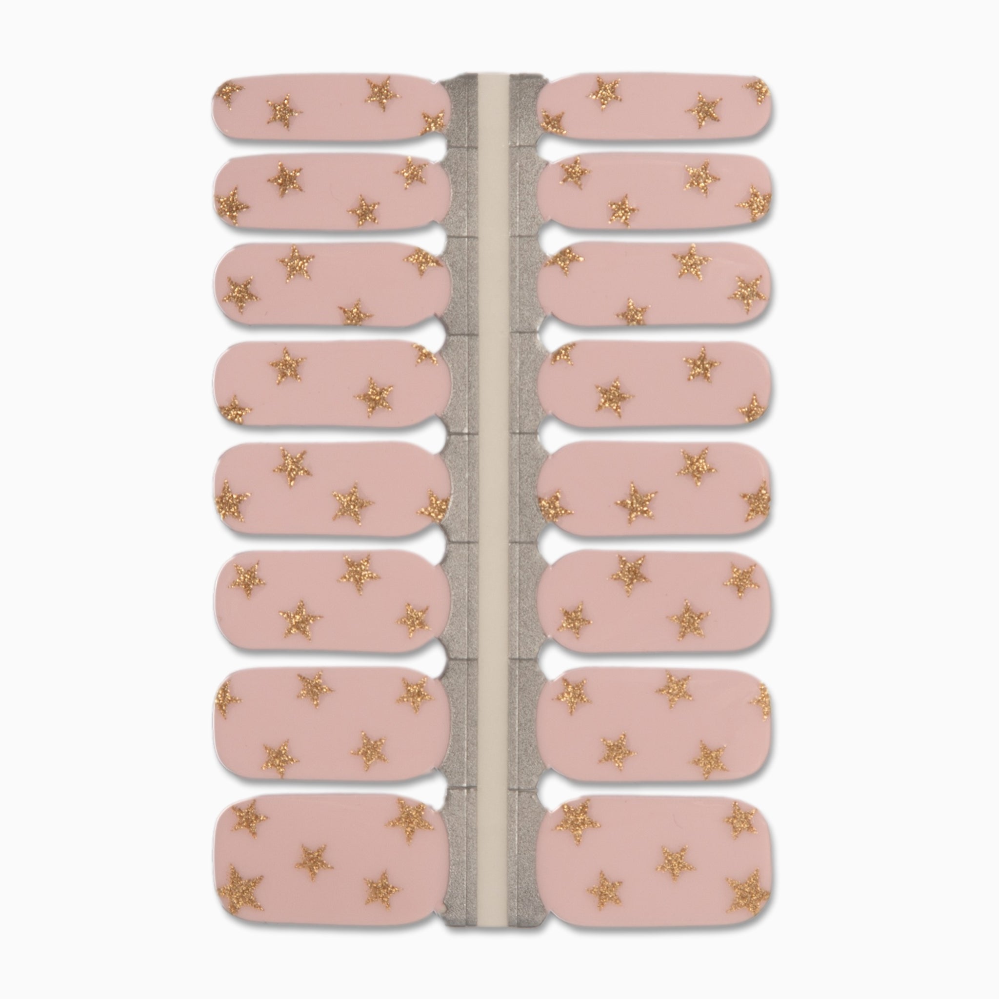 Lichtroze nagelstickers met gouden sterren op witte achtergrond