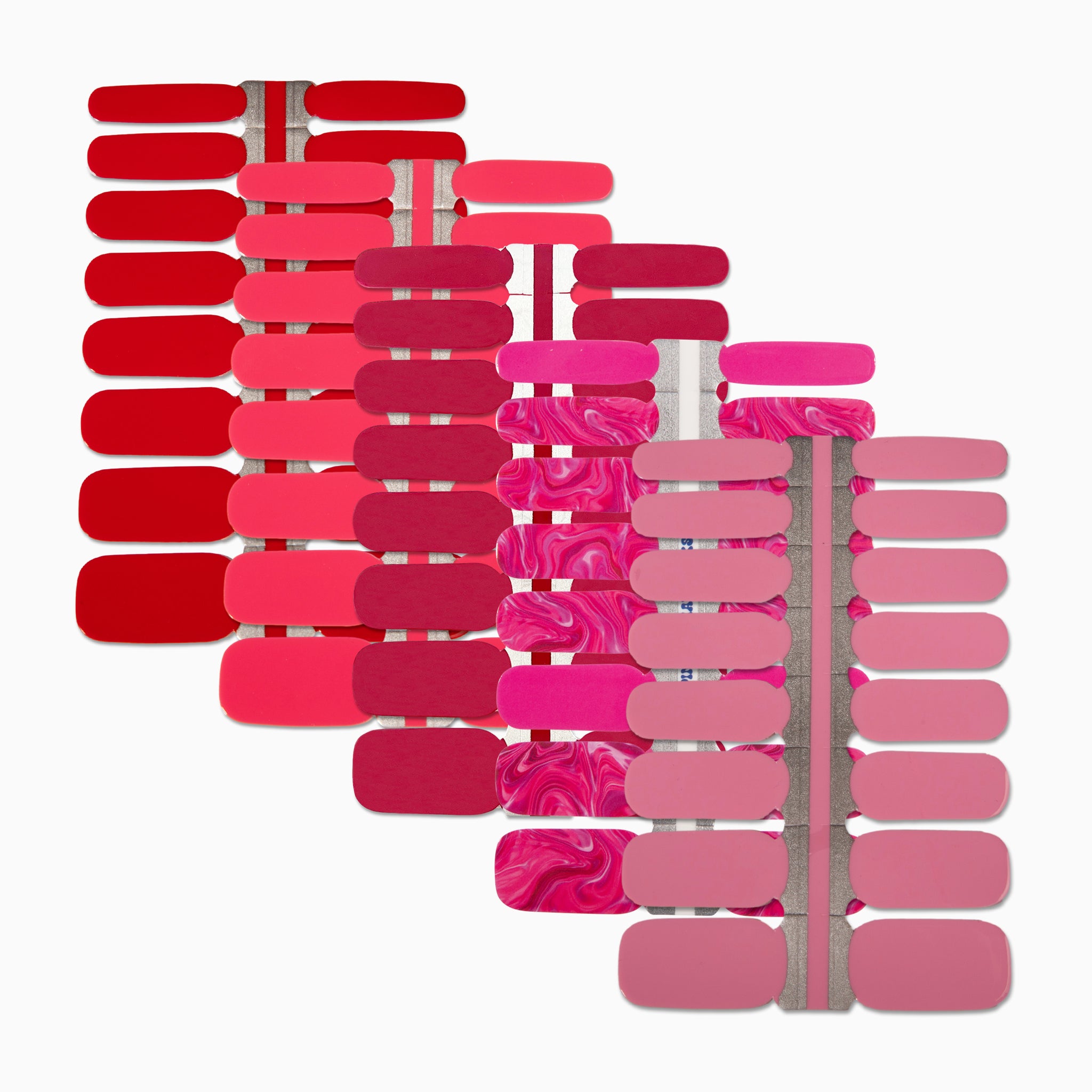 Nagelstickers in rood en roze op een witte achtergrond